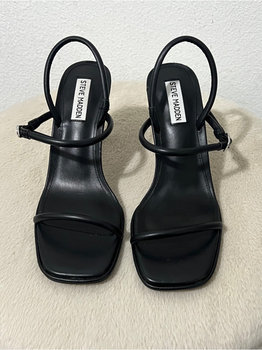 Steve Madden Black Minimalist Strappy Square-Toe Heels